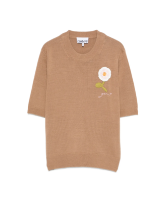 GANNI jersey con aplique floral tobacco brown